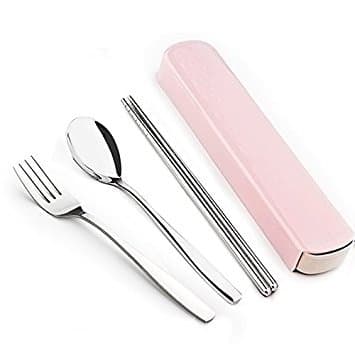 Tourwin 3PCS Portable Flatware Spoon Fork Chopsticks Tableware Set 304 Stainless Steel Dinnerware Silver with Travel Box (Pink)