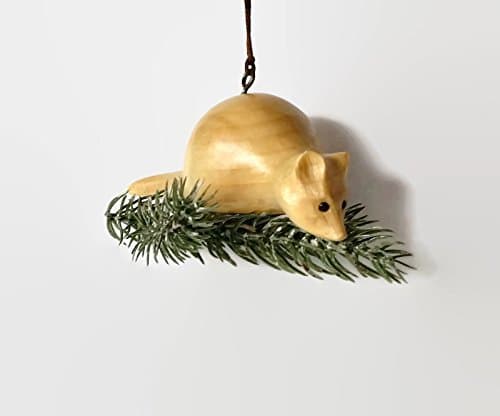 Hand Carved Mouse Christmas Tree Ornament, Rustic Holiday Decoration