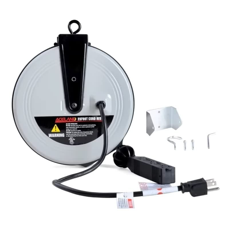 25ft Retractable Extension Cord Reel with 3 Electrical Outlets, 16AWG/3C SJTW Power Cord for Indoor & Outdoor Use, UL Listed