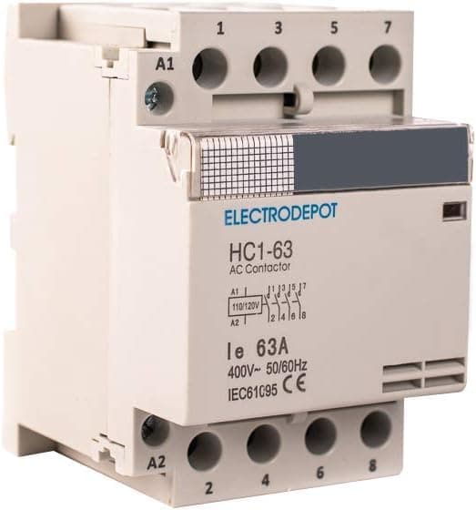 Electrodepot 60 Amp 4 Pole Normally Open IEC 400V Contactor (Silent Operation) – 110-120VAC Coil, Inductive 40A, Resistive 60A with Mounting Base for DIN Rail (10 Pack)