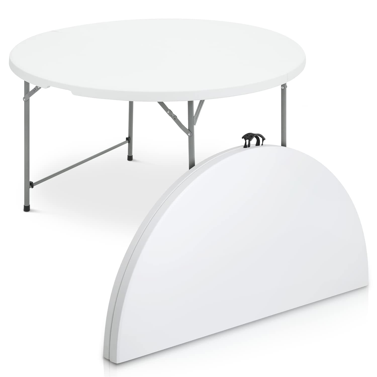 MoNiBloom 4.5Ft Round Folding Table, Indoor Outdoor Plastic Dining Card Table with Handle and Lock for Picnic Party Banquet Wedding, White