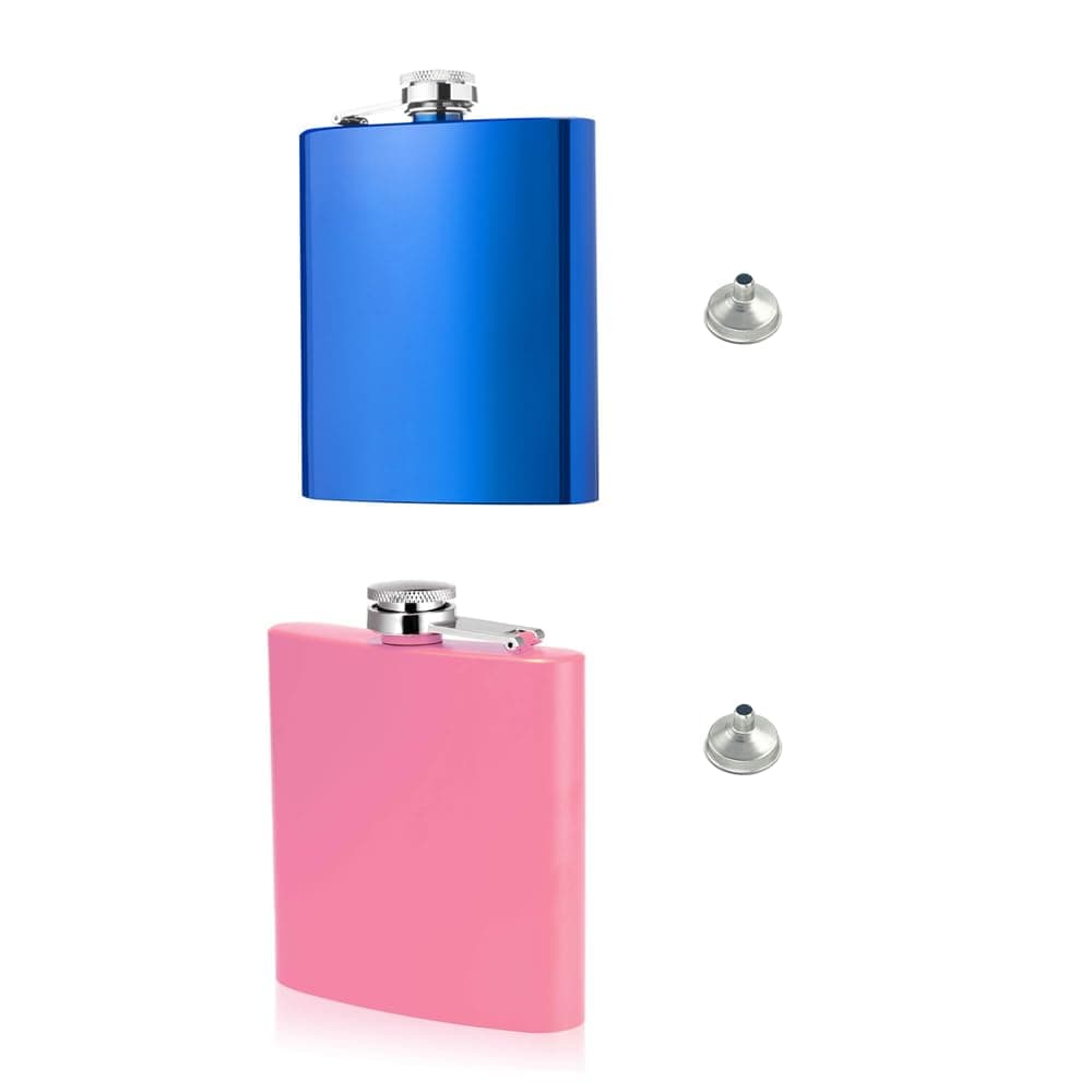 CURTEK 2 Pcs 6 oz Flask for Women Hidden Flasks for Liquor with Funnel Stainless Steel Cute Flask Blue and Pink Flask for Vodka Whiskey Wedding Party Gift, FGFDH02