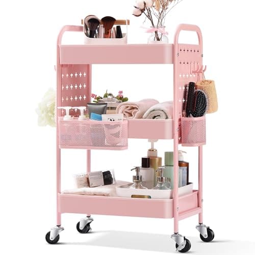 TOOLF 3-Tier Rolling Cart, Metal Utility Storage Cart with DIY Pegboards, Art Craft Trolley with Baskets Hooks, Organizer Serving Cart Easy Assemble for Office, Home, Kitchen, Classroom (Pink)