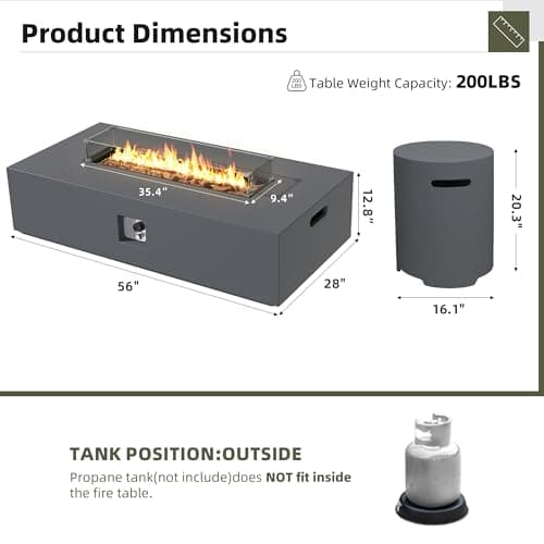 UPHA 56-inch Outdoor Propane Gas Fire Pit Table 50000 BTU Concrete Rectangle FirePit for Outside Patio with Propane Tank Cover, Wind Guad, Lava Rocks, Rain Cover, Grey