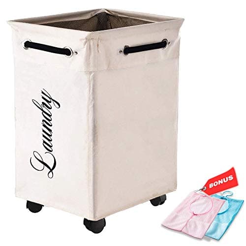 LuxUnik Laundry Basket With Wheels, Foldable Rolling Laundry Basket Waterproof Laundry Hamper with Wheels with Bonus Mesh Hanging Storage Bags, Ivory
