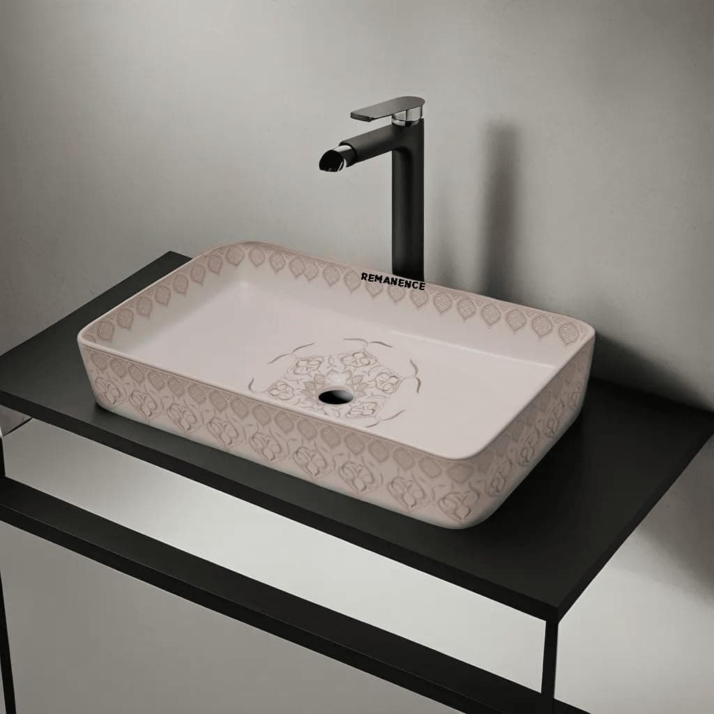 REMANENCE Designer Table Top Wash Basin For Bathroom | Ceramic Bathroom Sink | Wash Basin Over Counter Bathroom Basin (24 x 14 x 4 Inch) (Moroccan Design SL 93)