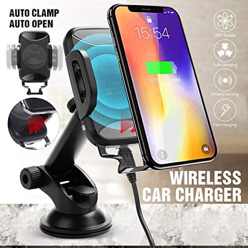 Wireless Fast Car Mount Charger Dashboard & Windshield Car Mount IR Sensor Cell Phone Holder Standard Charge for iPhone Xs Max R 8 Plus Samsung Galaxy S9 S8 Edge S7 S6 Note 8 & Other Smartphone