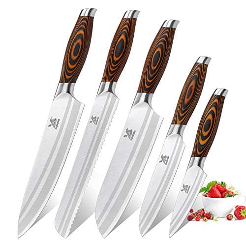MSY BIGSUNNY Knife Set, 5-Pcs Kitchen Knife Set with 8" Chef Knife Bread Serrated Knife Santoku Utility Paring Knife, German Steel for Chef Knife Set with Pakkawood Handle, Perfect Cutlery Set Gift