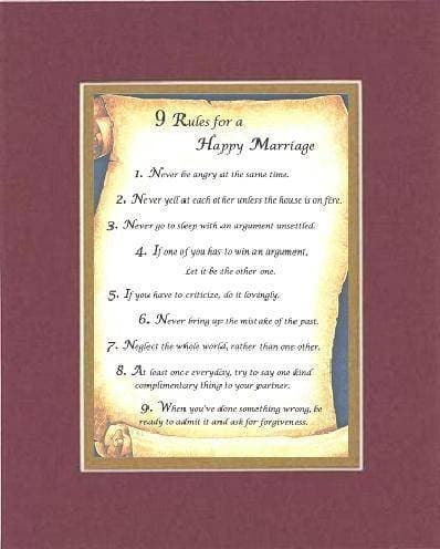 Touching and Heartfelt Poem for Home - 9 Rules for a Happy Marriage Poem on 11 x 14 inches Double Beveled Matting (Burgundy)