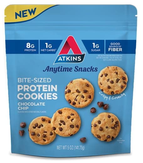 Atkins Anytime Snacks, Bite-Sized Protein Cookies, Chocolate Chip, Crispy & Crunchy, 8g Protein, 1g Net Carbs, <1g Sugar, Good Source of Fiber