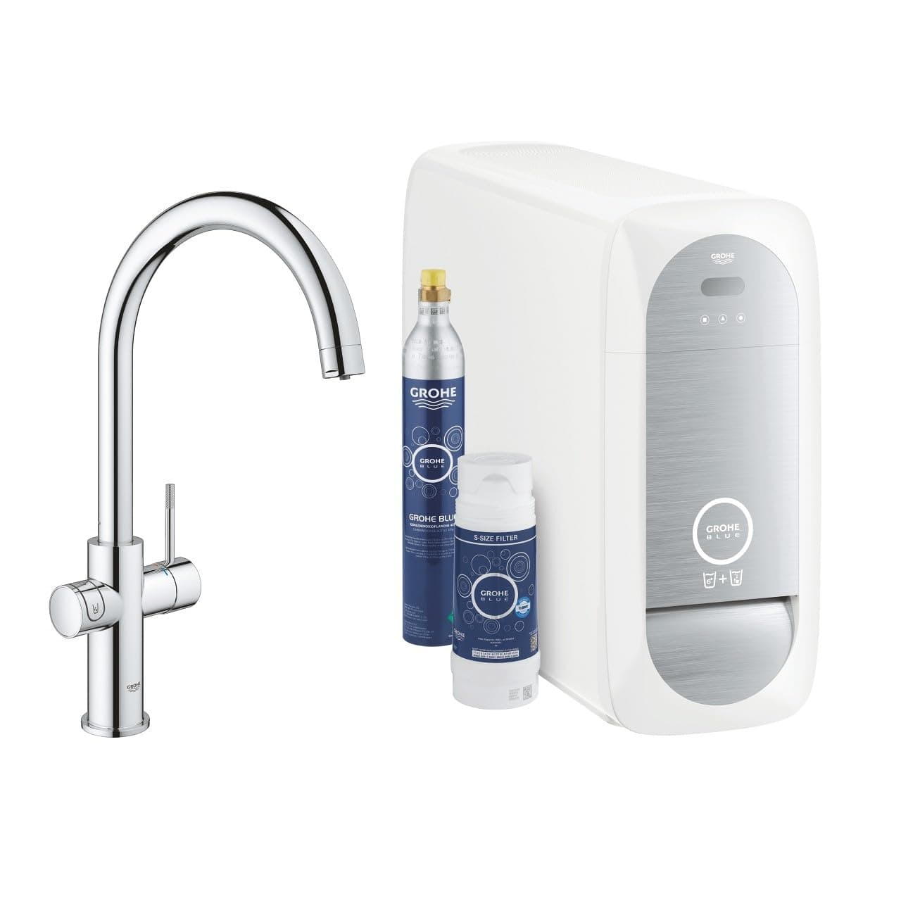 Blue Home Duo Starter Kit - Kitchen Mixer Tap for Filtered, Chilled and Sparkling Water (Includes Cooler Unit, Filter and Co2 Carbonization Bottle) High Swivel C-Spout, Chrome 31455001