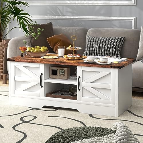 oneinmilCoffee Table with Barn Doors, Farmhouse Center Table with Storage, Modern Rustic Style Wooden Living Room Table, White