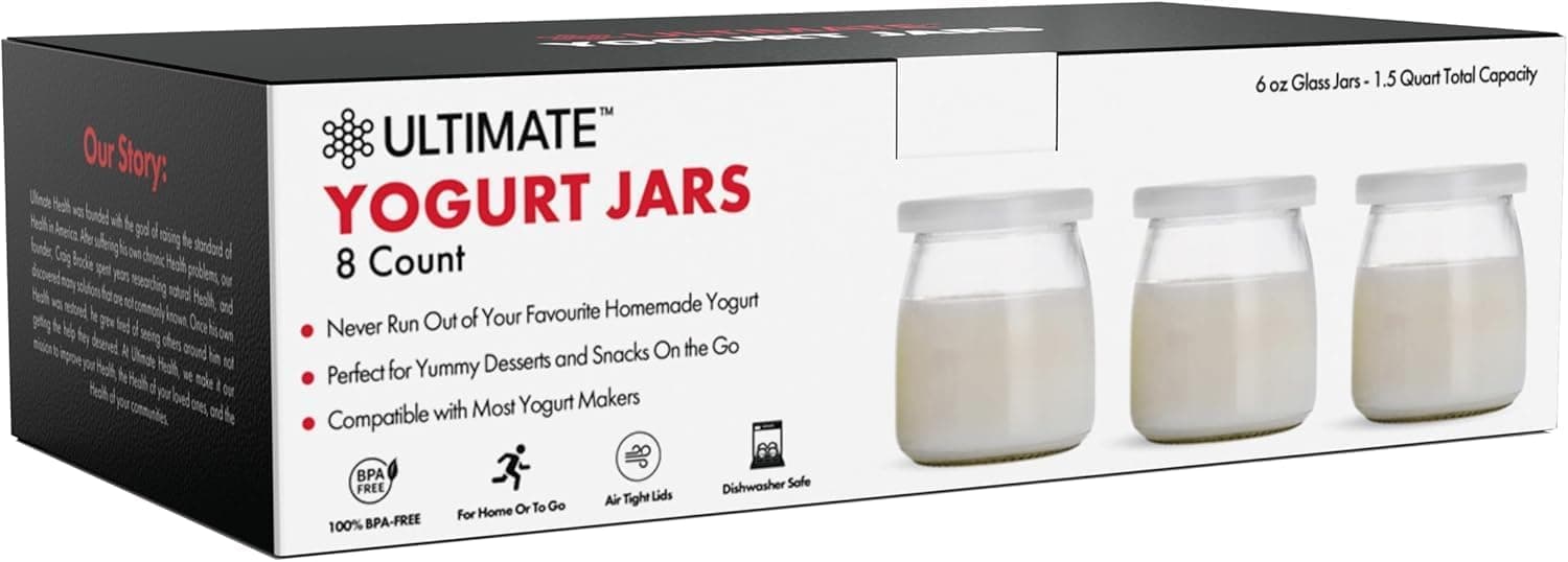 Ultimate Yogurt Jars - Make More Delicious Yogurt! 8 Count Small Glass Yogurt Cups With Lids - 100% BPA Free, Airtight & Dishwasher Safe! Perfect Containers for Yoghurt, Oatmeal, Pudding, or Jello