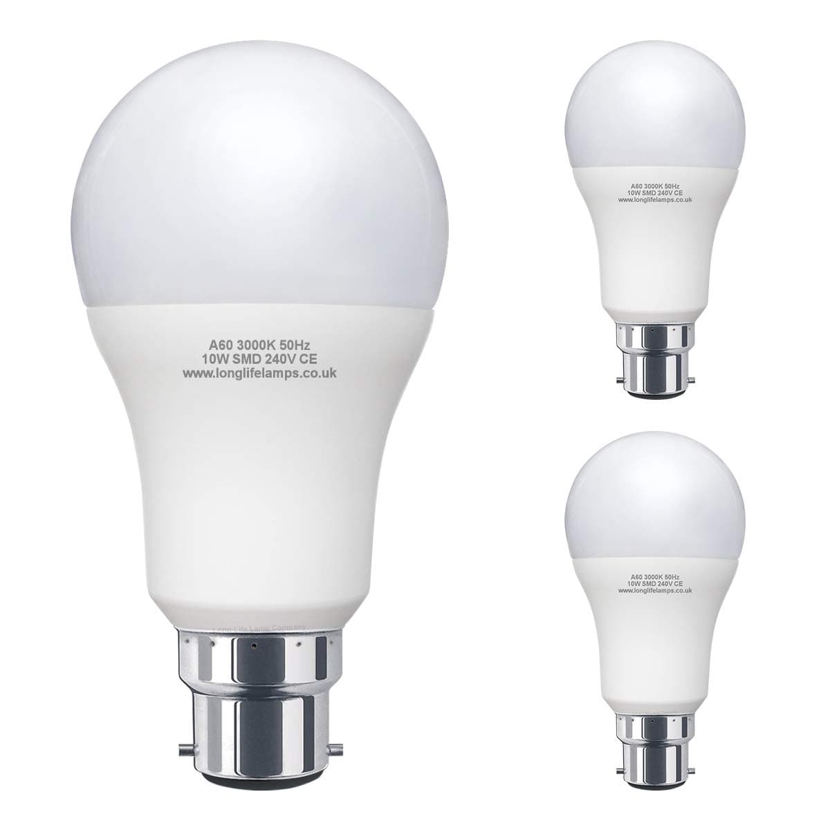 Long Life Lamp Company 3 Pack 10W GLS LED Light Bulb B22 Bayonet Very Bright 10w = 100w Warm White A60