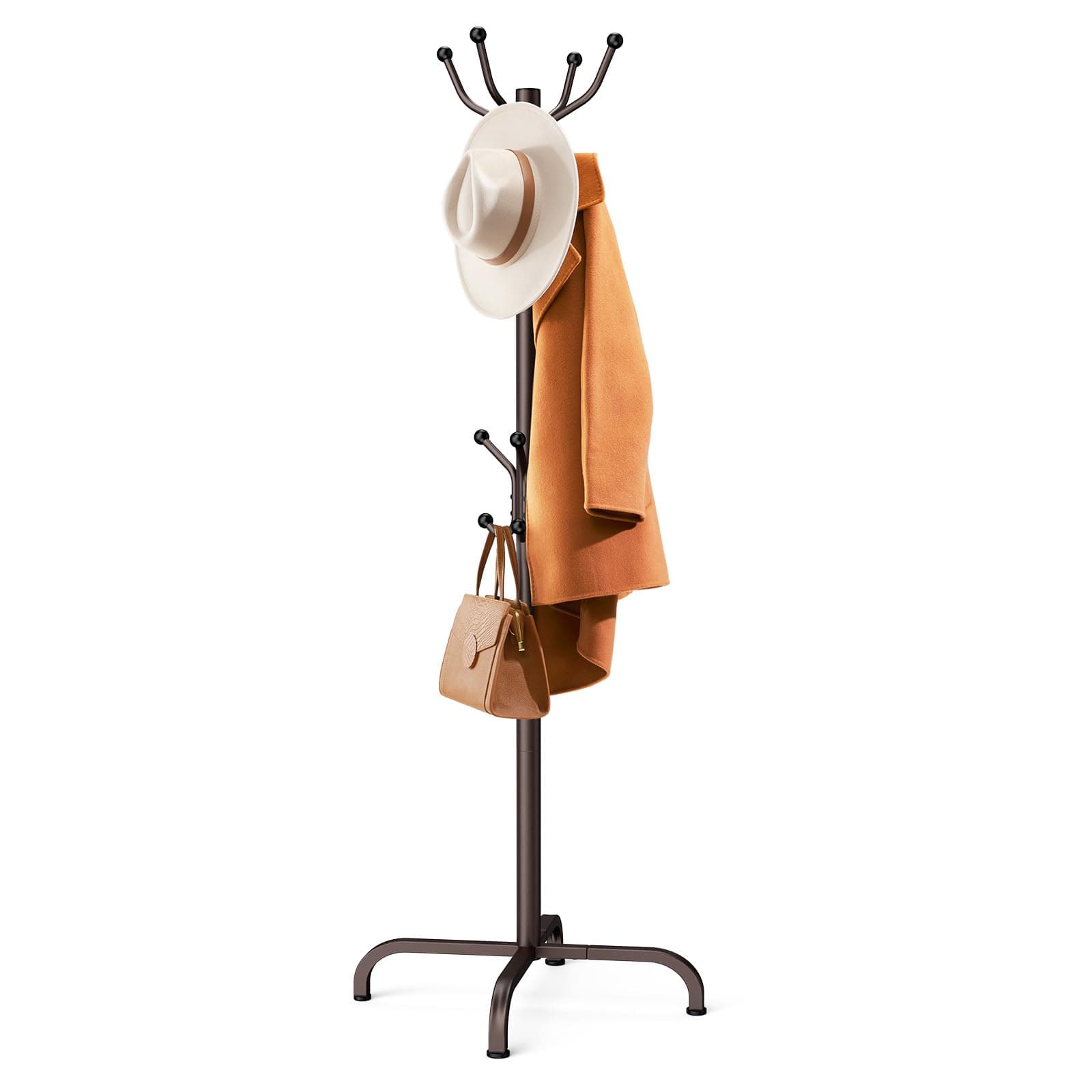 Pipishell Coat Rack with 14 Hooks, Freestanding Coat Rack Stand for Entryway, Hallway, Bedroom, and Office, Metal Coat Tree & Hat Rack for Coats, Hats, and Bags, Brown