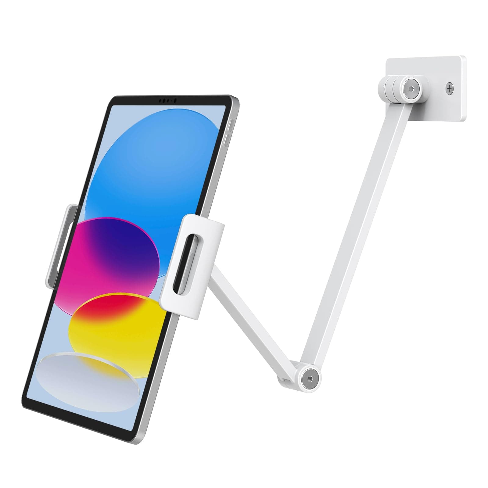 BEWISER Tablet Wall Mount Holder,Swivel 360° Rotating Flexibly, Height and Angle Adjustable, High-Grade Aluminium Alloy Long Arm Compatible with4.7-12.9" Phone and Tablet in Kitchen or Office (White)