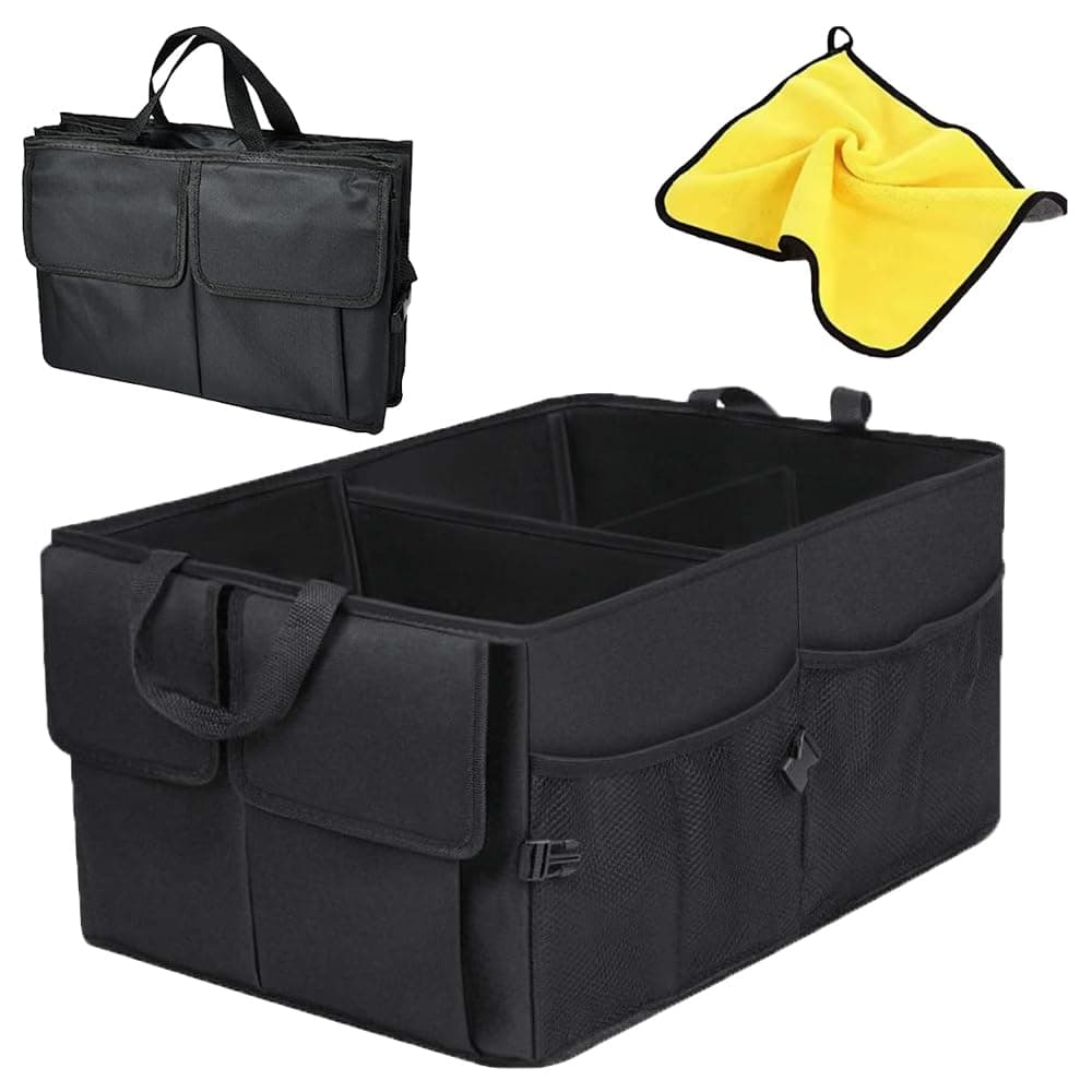 Car Trunk Organizer, Foldable Car Storage Organizer, Car Tidy, Multi Compartment Trunk Storage Organizer for Tools, Car Storage Box with Microfiber Car Cleaning Towel
