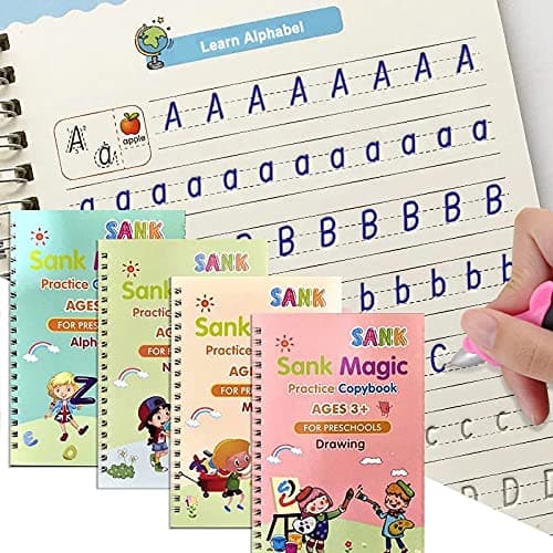 Sank Reusable Magic Handwriting Copybook Tracing Practice Kit Preschool Calligraphy Book Set With Easy Grip Pen and Refill 4 Books for Kids (Small)