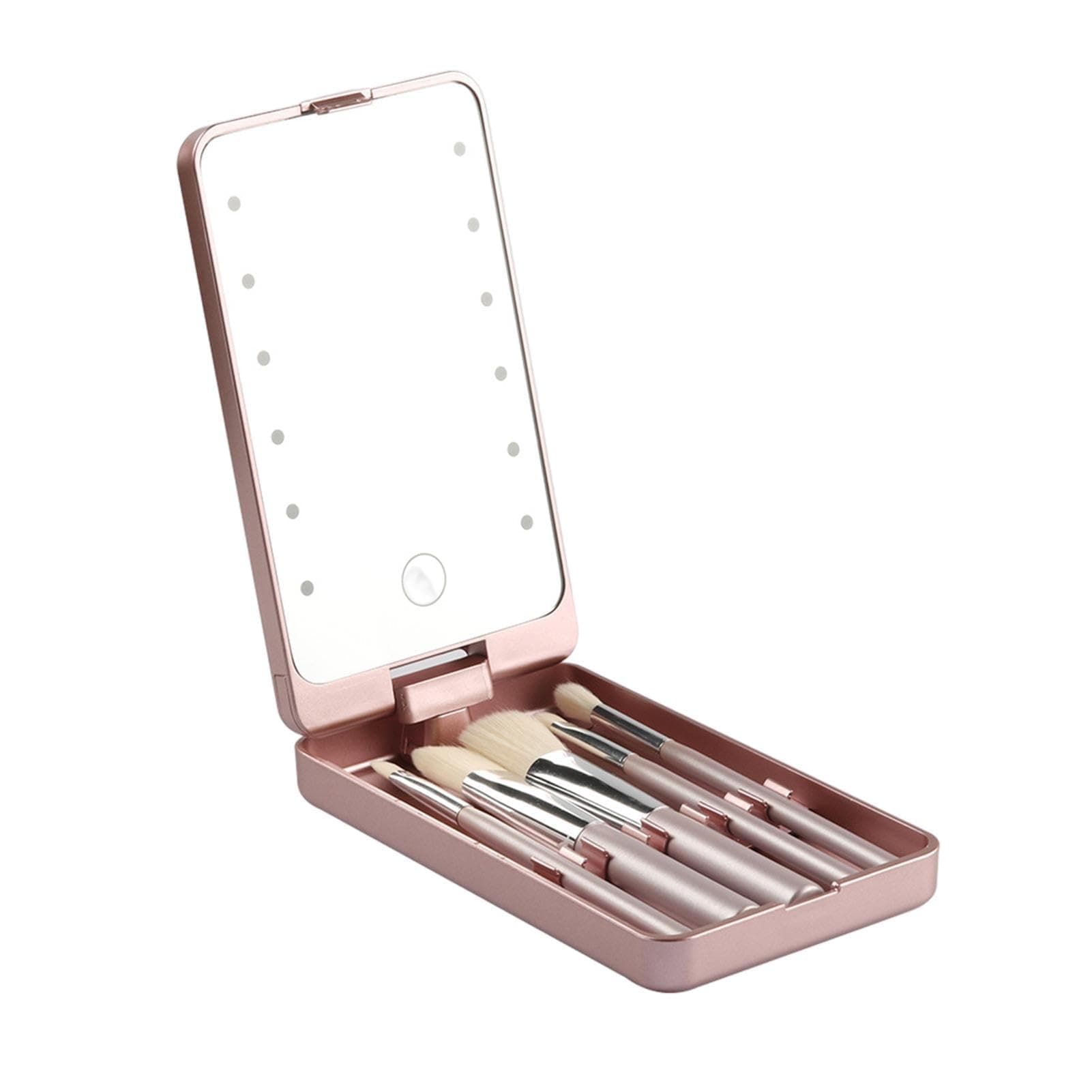 TERRIFI Travel Makeup Brush Set with LED Light Mirror, Includes 5 Mini Brushes for Foundation, Powder, Concealers, Eye Shadows, Pink, Compact and Portable for On-the-Go Touch Ups