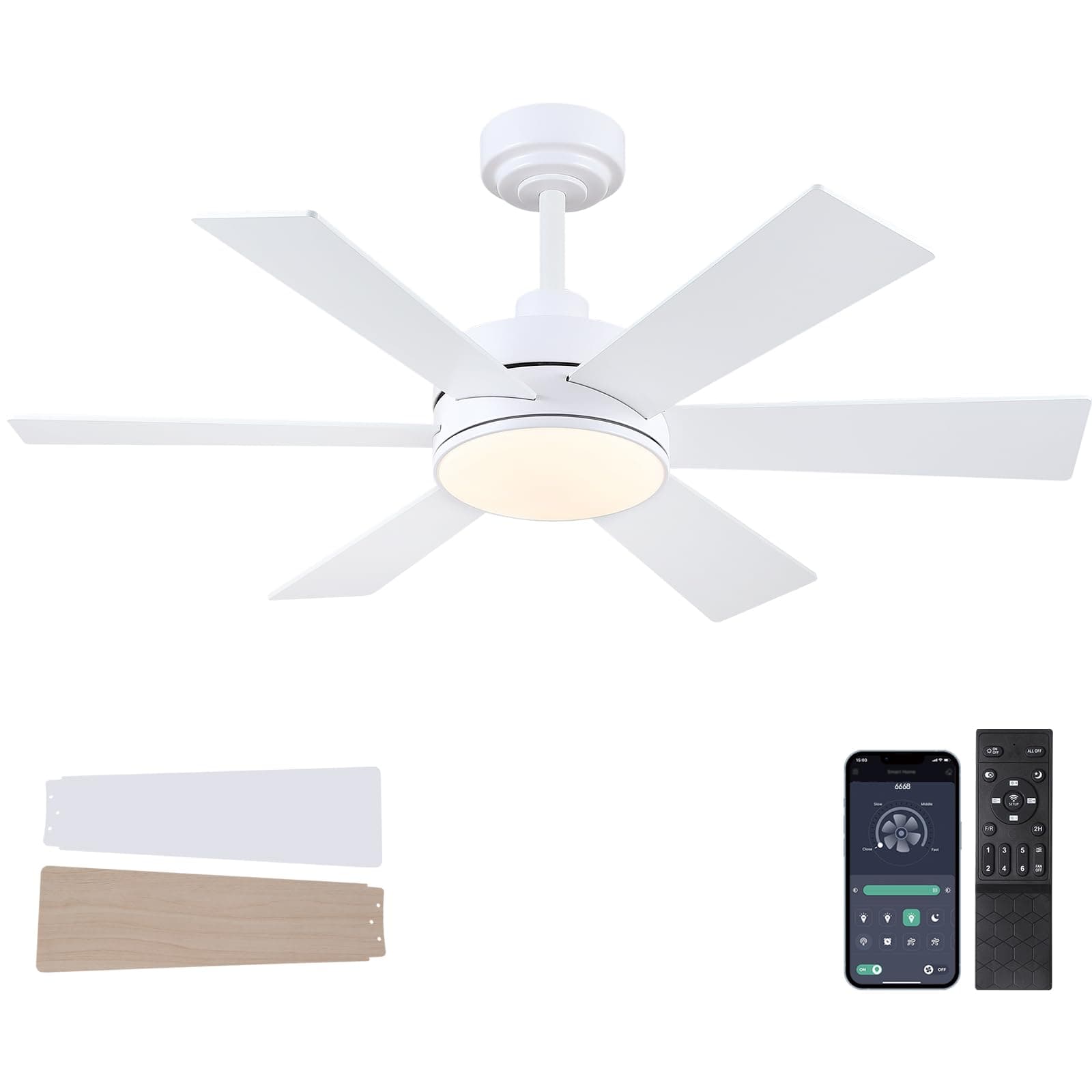 42 inch Ceiling Fans with Lights, Ceiling Fan with Remote APP, Dual-Sided Modern/Rustic 6 Blades, Reversible, 3CCT, Sloped Flush Mount Low Profile Ceiling Fan with Lights Bedroom Kitchen Indoor White