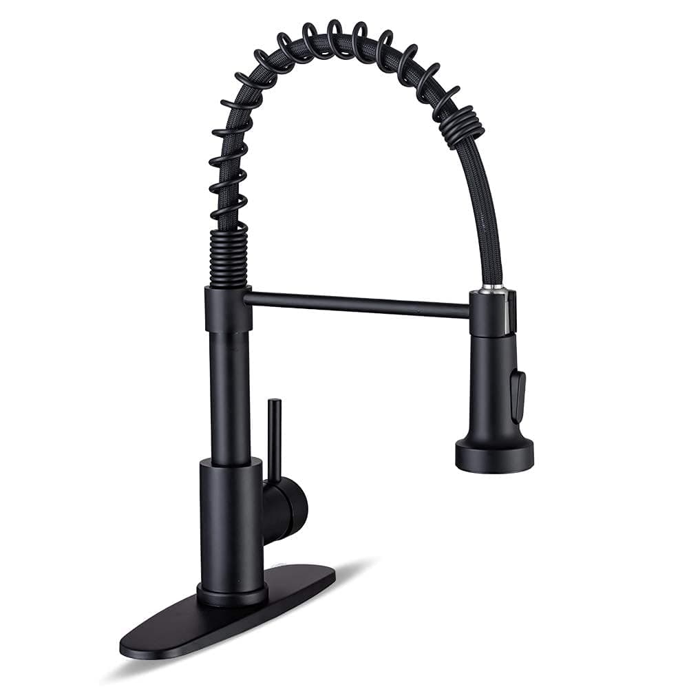 Kitchen Faucets with Pull Down Sprayer Commercial Industrial Stainless Steel Single Handle Single Hole Spring Farmhouse RV Sink Faucet, Matte Black Kitchen Faucet for Laundry Utility Room Sink