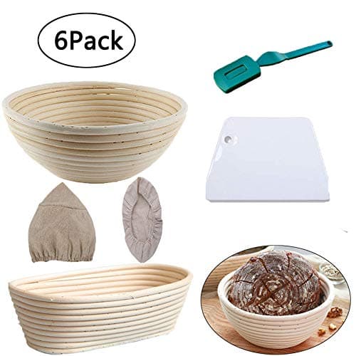xuzomedia 6Pack Bread Proofing Basket Set-10 Inch Oval &Round Proofing Basket, Natural Rattan Bread Proofing Basket-Set (Linen Liner Dough Scraper and Bread Cutter)