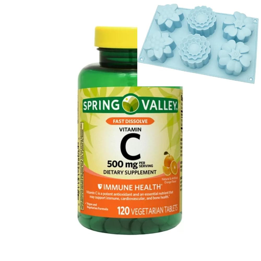 Spring Valley Vitamin C Fast Dissolve Tablets Dietary Supplement, Orange Flavor, 500 mg, 120 Count + 1 Baking Mold (Color & Style Varies)