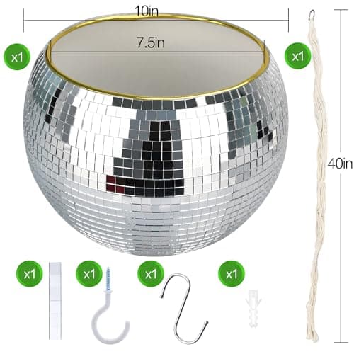 FGBNM Disco Ball Planter, 1pcs 10” Silver Disco Ball Planter, Disco Ball Plant Hanger with Hanging Rope, Hanging Chain, Hook, Circle and Extra Mirror Pieces