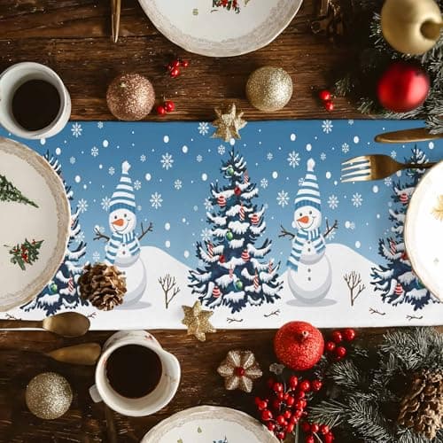 Christmas Table Runner - Cotton Linen 90 Inches, Snowman Rustic Blue Snowflake Bed Runner Dress Scarves, Farm Xmas Tablerunner for Dining/Holiday/Coffee Table 13" x 90"