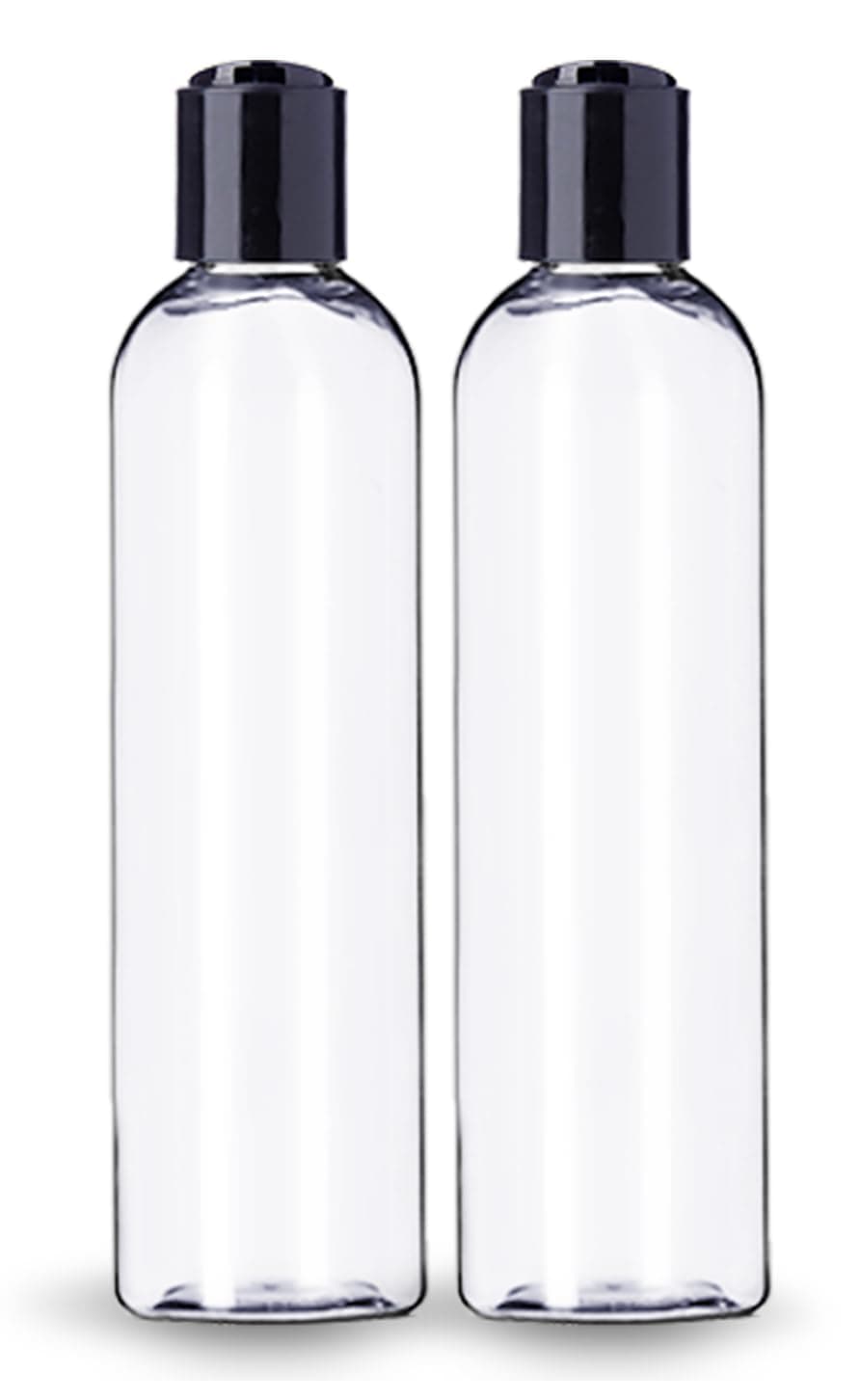 ljdeals 8 oz Clear Plastic Empty Bottles with Black Disc Top Caps, Refillable Containers for Shampoo, Lotions, Cream and More Pack of 2, BPA Free, Made in USA