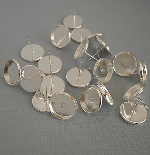 BeadsTreasure 10pcs- Earring Cabochon Settings, 12mm Cabochon Tray, Earr Post, Silver Plated Brass
