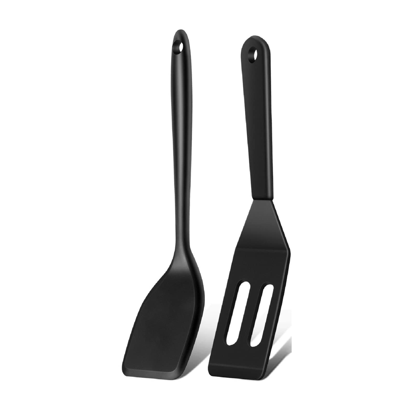 Mini Serving Spatula 2pcs set, Silicone Serve Turner Heat-Resistant Cookie Slotted Spatula, For Kitchen Cooking. (Black)