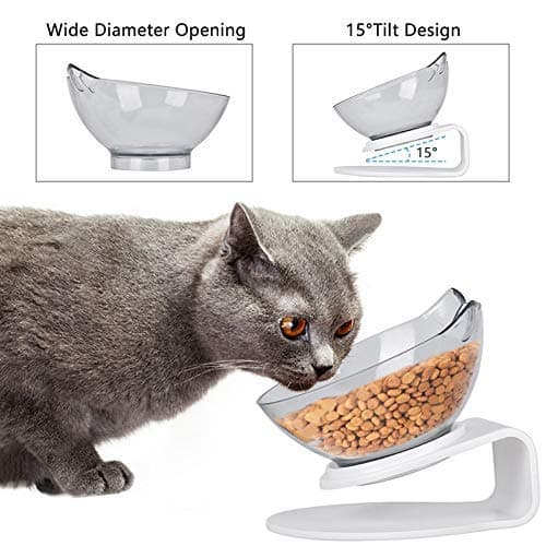 Cat Raised Stand Double Transparent Plastic Bowl,Pet Feeding Bowl | Pet Food Water Feeder Bowl for Cats and Dogs ,Cute Cat Face Double Bowl 15 Degree Tilted Design Neck Guard (Single Bowl)