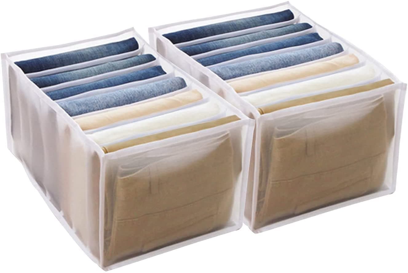 Washable Wardrobe Clothes Organizer,Jeans Compartment Storage Box,Foldable Closet Drawer Organizer Clothes Drawer Mesh Separation Box (2pcs 7 Grids-White)