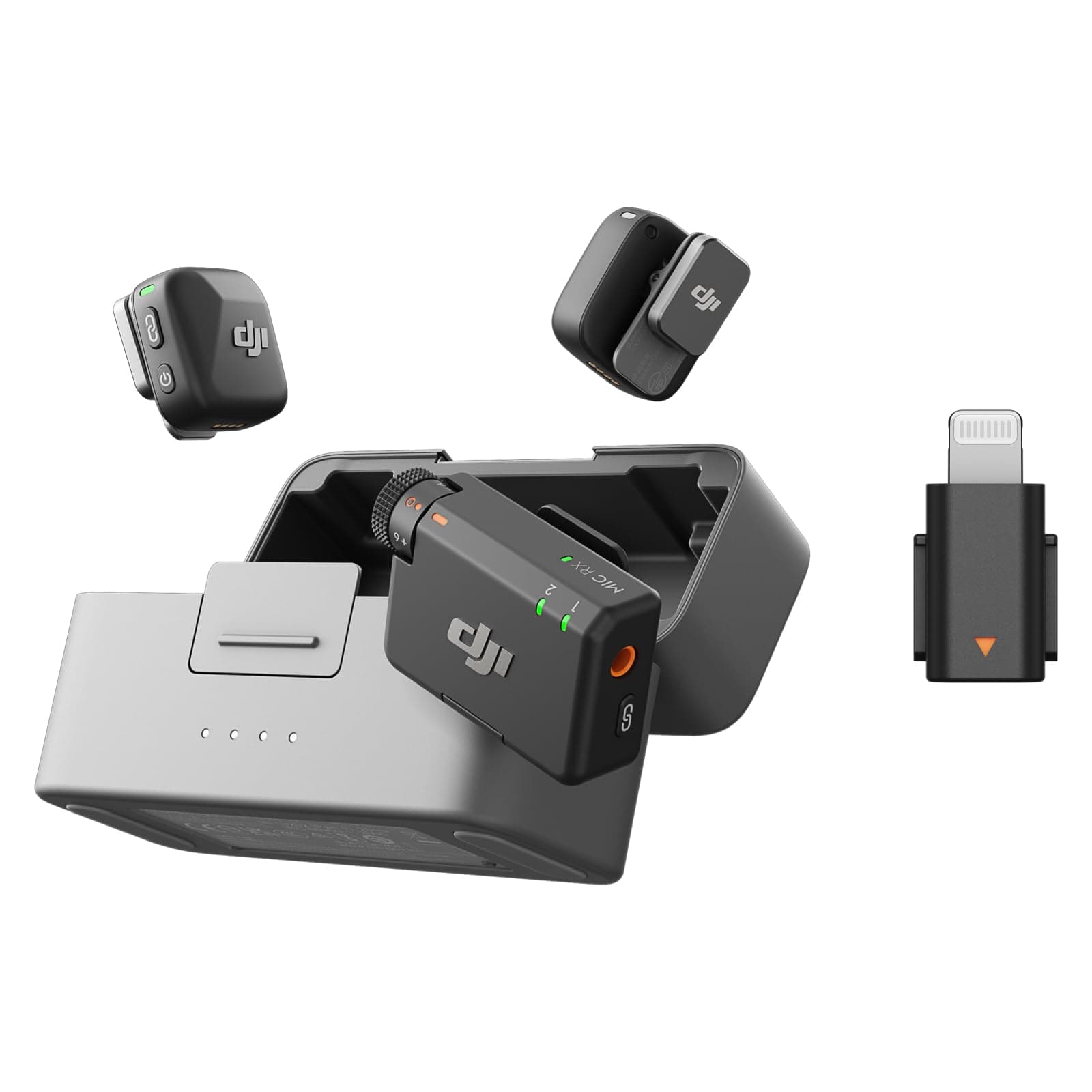 Mic Mini (2 TX + 1 RX + Charging Case) with Mic Mini Mobile Phone Adapter (Lightning), Ultralight, Detail-Rich Audio, 48h Use, Noise Cancelling, Wireless Microphone, Vlog, Streaming