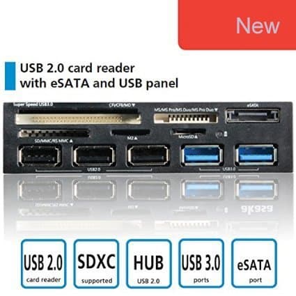 USHINING 2-Port USB 3.0 3-Port USB 2.0 Hub eSATA Multi-In-1 Internal Card Reader with USB 3.0 Connector