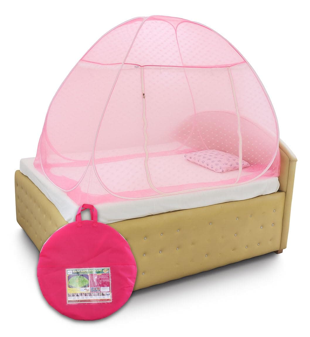 Healthy Sleeping Foldable Portable plyester pop up Mosquito Net for Single Bed, Strong & Durable Mosquito Net for 6 X 4 ft Size Bed (Embroidery Pink)