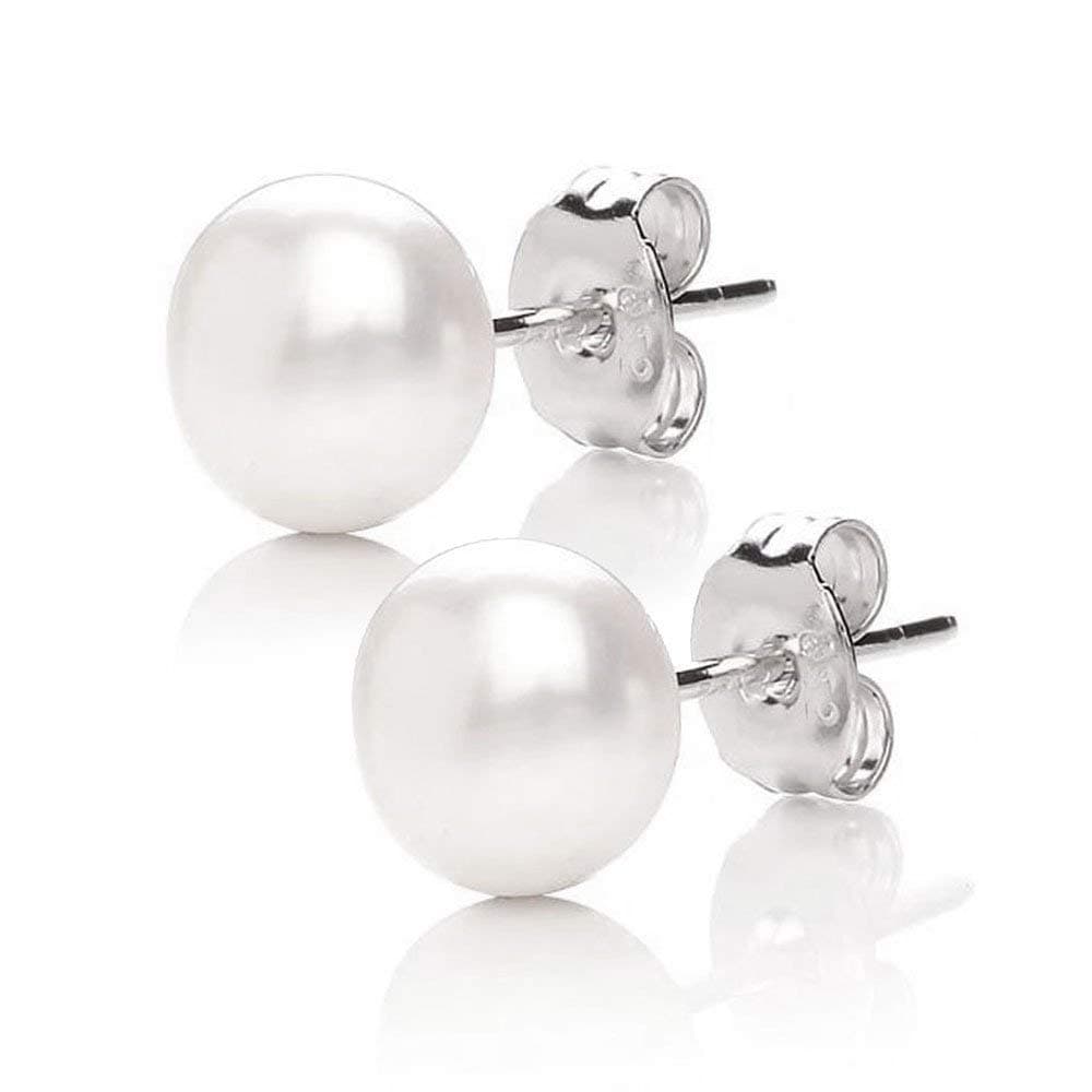 925 Sterling Silver AAA Genuine Freshwater Cultured Pearl White Button Stud Earrings Jewelry Gifts for Women