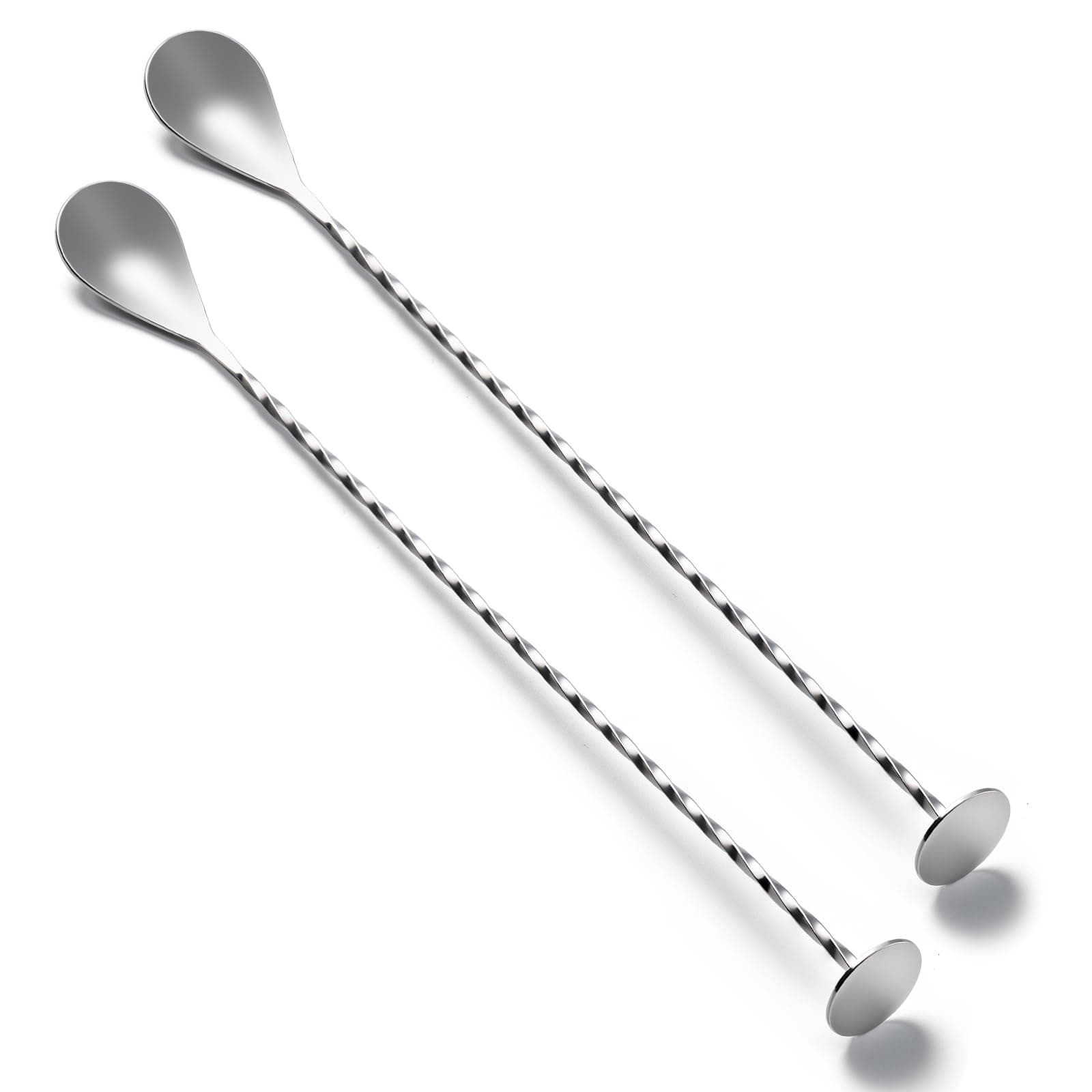 BRIOUT 2 Pcs Bar Spoon, 12 Inches Long Handle Drink Stirrer, Stainless Steel Bar Cocktail Mixing Spoons with Round Base for Stirring, Silver