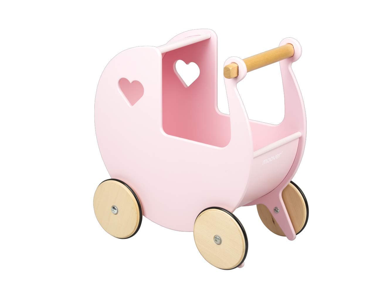 Moover Classic Doll's Pram for Toddlers, Fully Assembled, Designed in Denmark from Russian Birch Plywood, Push Along Toy, 18 Months+, 44 x 43 x 24 cm, Baby Pink and Natural Wood