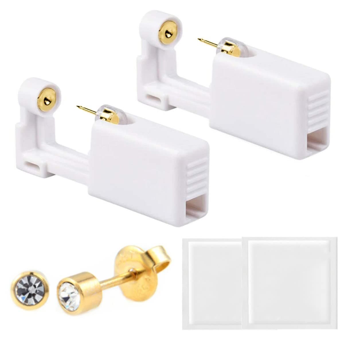 2 Pack Painless Ear Piercing Gun Disposable Self Ear Piercing Gun Earring Ear Stud Gun Kit Sterile Ear Piercing Gun Kit Tool for Girls Women Men Golden Gem, Silver