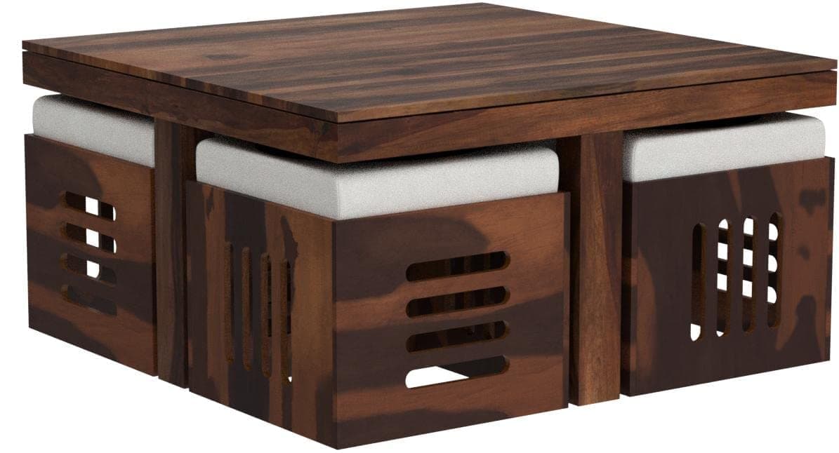 Genuine Decor Solid Rosewood Wood Coffee Table Living Room with 4 Stools New CNC Design Center Table | Hotel | Lounge | (GD02)