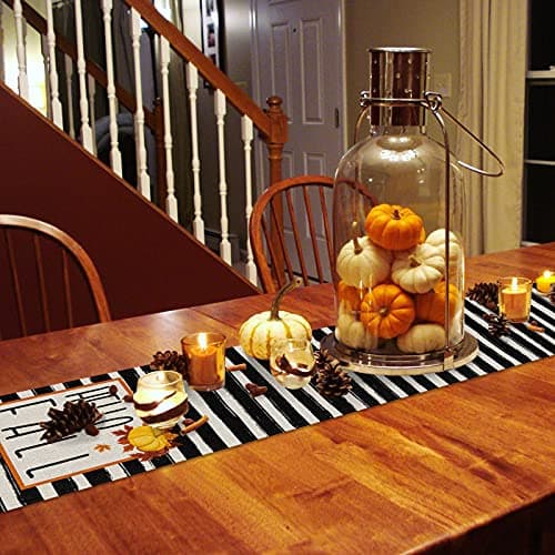 Hello Fall Table Runner - Cotton Linen 120 Inches, Fall Seasonal Harvest Vintage Black Stripes Bed Runner Dress Scarves, Rustic Tablerunner for Dining/Holiday/Coffee Table 13"x 120"