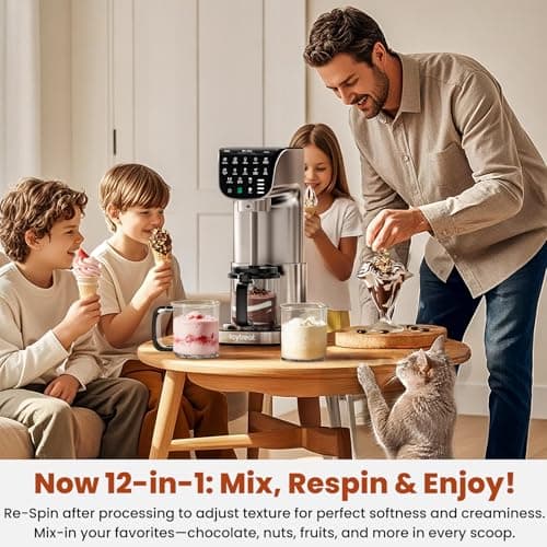 Ice Cream Maker 12-in-1 Fully Automatic Stainless Steel Homemade Sorbet, Milkshake, Frozen Yogurt & More, Easy to Clean Family Size Container