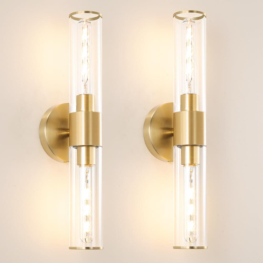 Gold Wall Sconces Set of 2, Hardwired Bathroom Vanity Light Fixture, Brass Sconce Wall Lighting, Modern Wall Light Set of Two, Cylinder Lamp for Bathroom Mirror Hallway Bedroom (Bulbs Required)