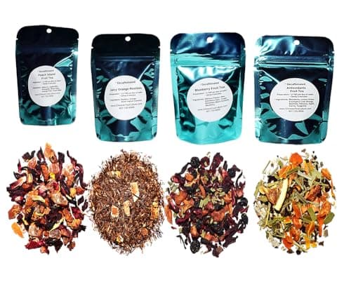 4 Rooibos Tea Samplers, Decaffeinated, Juicy Orange Rooibos, Peach Fruit Tea, Blueberry Fruit Tea, Orange Fruit Tea, Loose Leaf Tea