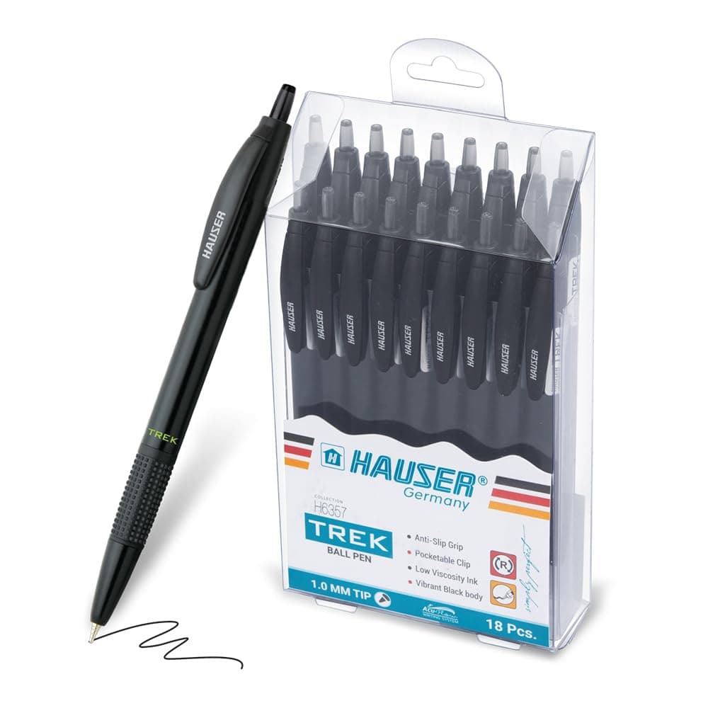 HAUSER Trek Pen - Smooth Writing, Retractable Ballpoint, 1.0mm Tip, Anti-Slip Soft Grip, Premium Design - Black Ink, Pack of 18 (Comfortable Grip, Durable Body)
