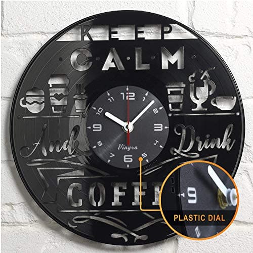 Coffee Clock Vinyl - Coffee Vinyl Record Wall LP Clock - Barista Gifts for Coffee Lovers Fans - Cafe Themed Art Wall Room Home Kids Decor Coffee Decorations Gift Set Retro Vintage Clock Black