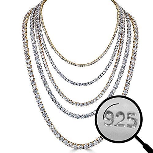 Real Solid 925 Silver Men's Tennis Chain - 14k Gold Plated Or Natural Silver - 16-30" - 3mm 4mm 5mm 6mm - Iced Hip Hop CZ Men's One Row Chain