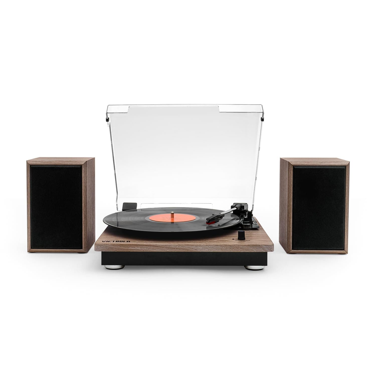 Victrola Montauk Vinyl Record Player, 3-Speed Belt Driven Turntable with Stereo Bluetooth Speaker Pair, RCA Output and 3.5mm Headphone Jack, Removable Dust Cover, Farmhouse Walnut Finish